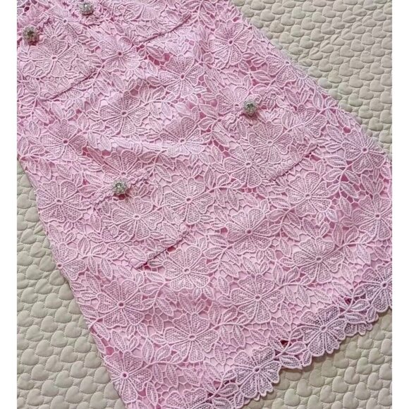 Women's Embroidery Sleeveless Lace Hollow Out Mini Dress Short Skirt Pink Size L - Picture 8 of 9